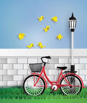 وکتور دوچرخه کنار دیوار پارک با گنجشکهای زرد طرح کارتونی