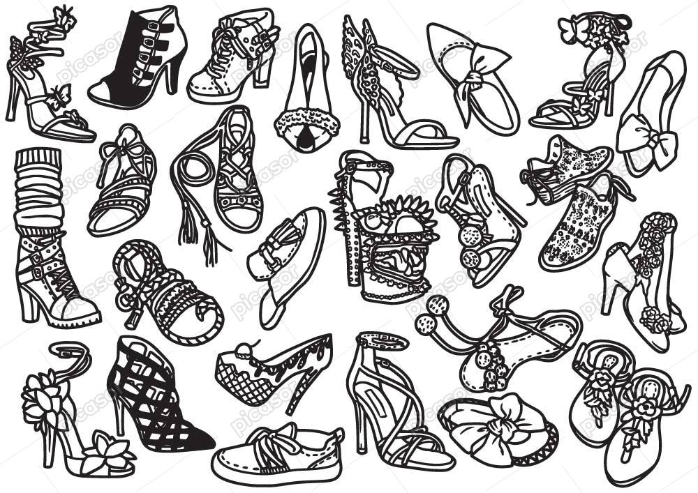 25 وکتور نقاشی انوع کفش زنانه – وکتور کفشهای زنانه طرح خطی
