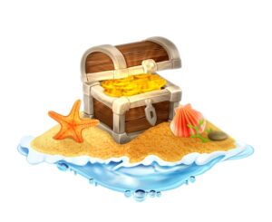 وکتور صندوقچه گنج در ساحل با سکه های طلا و ستاره دریایی و صدف