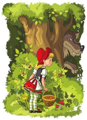 وکتور شنل قرمزی و گرگ در جنگل - وکتور شخصیت کارتونی شنل قرمزی