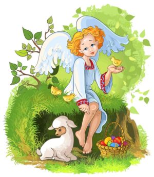 وکتور فرشته کنار بره سفید و سبد تخم مرغ - وکتور شخصیت کارتونی فرشته کوچولو