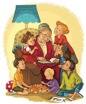 وکتور مادربزرگ مشغول کتاب خواندن برای نوه هایش - وکتور شخصیت کارتونی مادر بزرگ