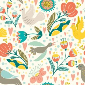 وکتور پترن بهار با گل و پرنده نقاشی شده ساده طرح کودکانه