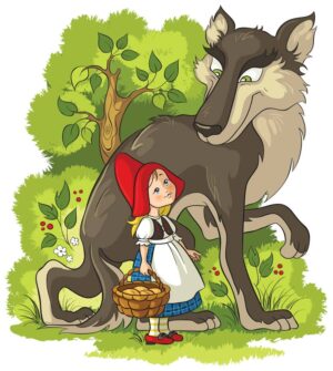 وکتور شنل قرمزی و گرگ در جنگل - وکتور شخصیت کارتونی شنل قرمزی