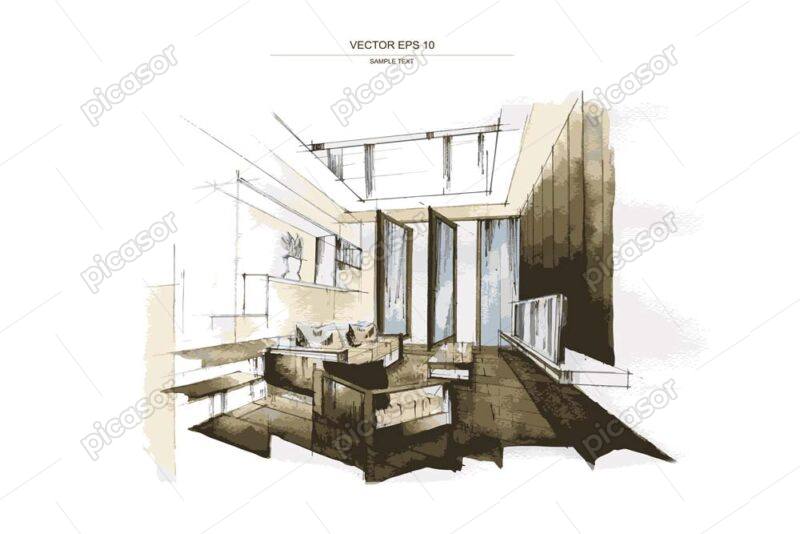 وکتور طراحی داخلی اتاق نشیمن طرح اسکچ - وکتور نقاشی اتاق نشیمن