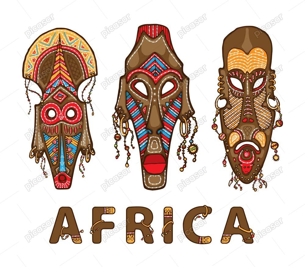 3 وکتور ماسک چوبی نماد قبایل آفریقا – وکتور مجسمه چوبی آفریقایی سمبل و فرهنگ آفریقا