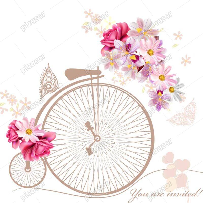 وکتور دوچرخه با دسته گل و پروانه
