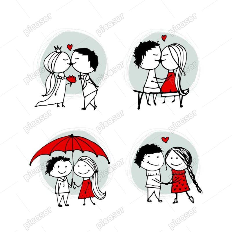 4 وکتور زوج عاشق کارتونی طرح نقاشی خطی روز ولنتاین