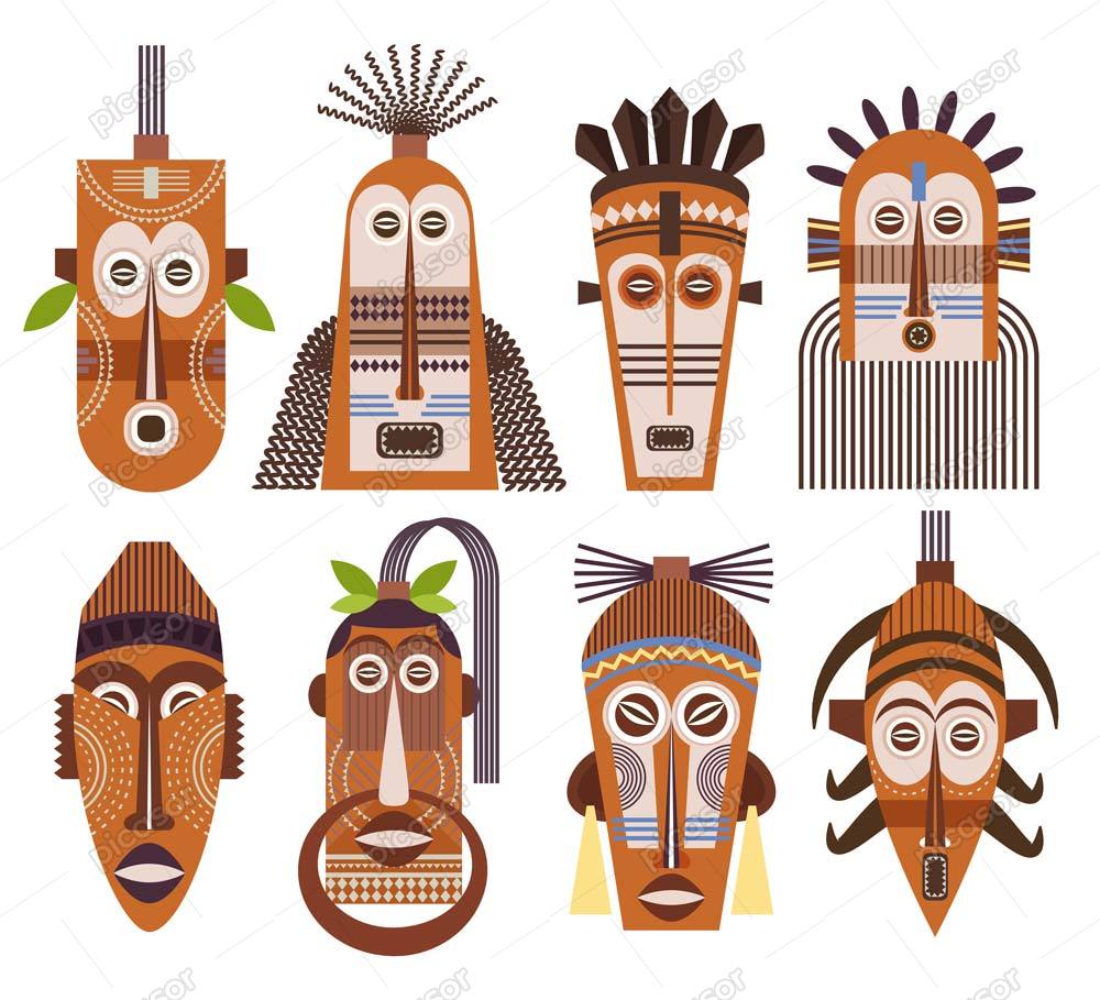 8 وکتور ماسک چوبی آفریقایی از نمادهای آفریقایی – وکتور مجسمه چوبی آفریقایی