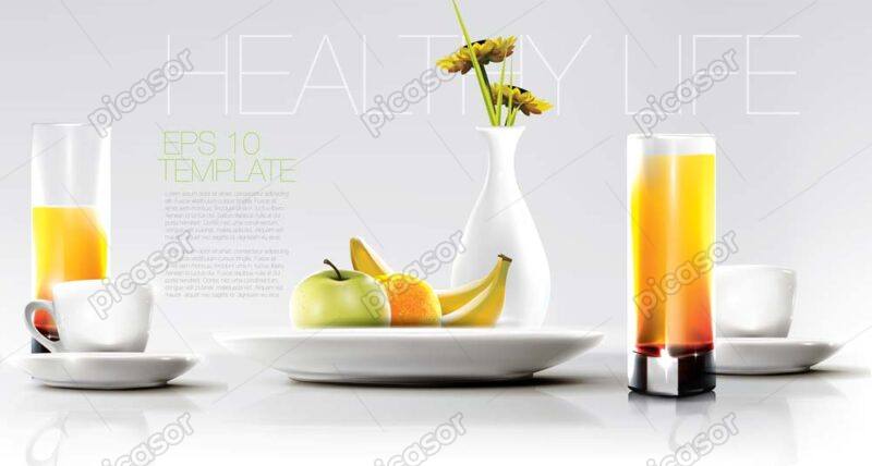 وکتور میز صبحانه با لیوان آب پرتقال و بشقاب میوه
