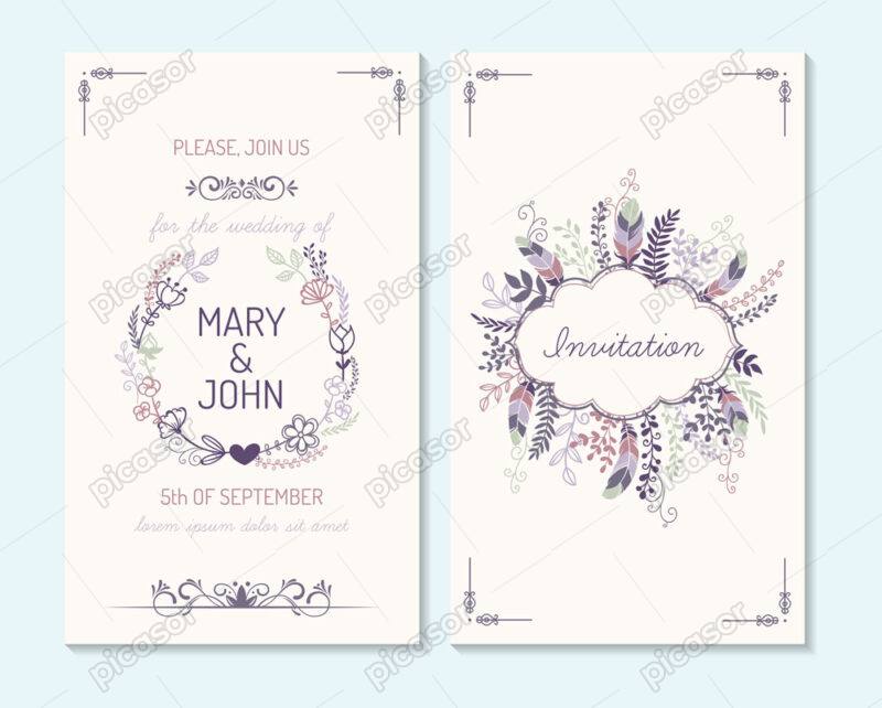 2 وکتور کارت عروسی با قاب گل و پرهای رنگی
