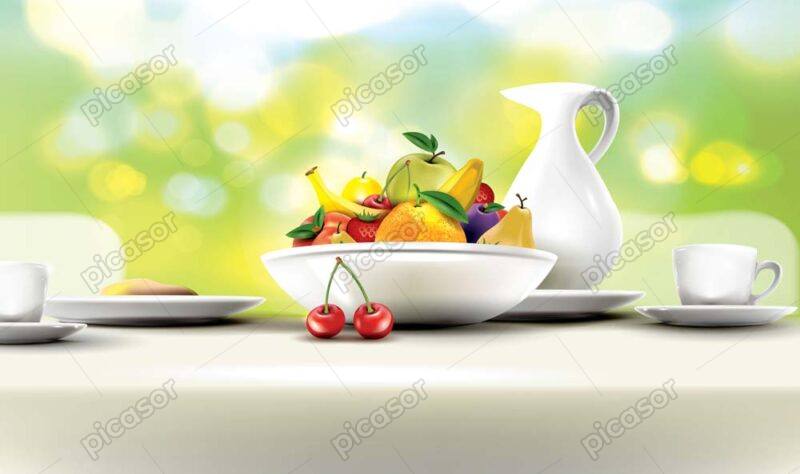 وکتور میز صبحانه با بشقاب میوه