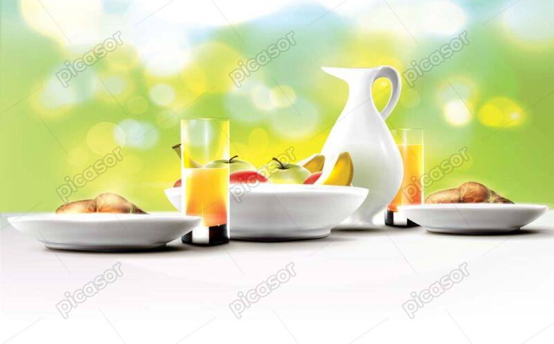 وکتور میز صبحانه با لیوان آب پرتقال و بشقاب میوه و نان