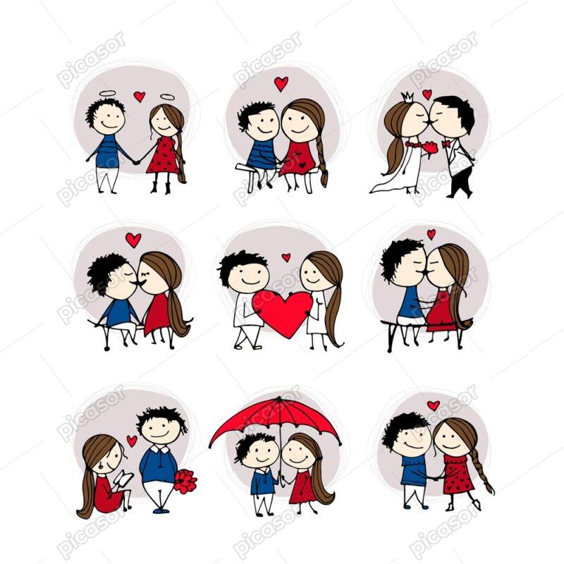 9 وکتور زوج عاشق کارتونی طرح نقاشی خطی رنگی مناسب روز ولنتاین
