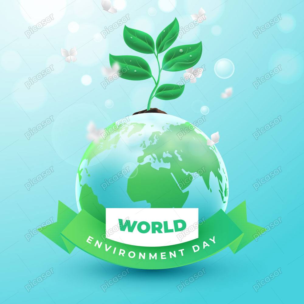 وکتور روز جهانی محیط زیست با گیاه سبز روی کره زمین