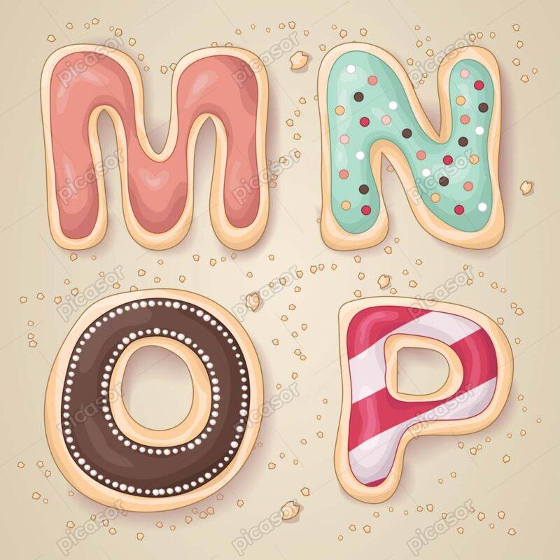 وکتور حروف MNOP با کوکی و شیرینی - وکتور حروف لاتین و انگلیسی با کوکی و شیرینی