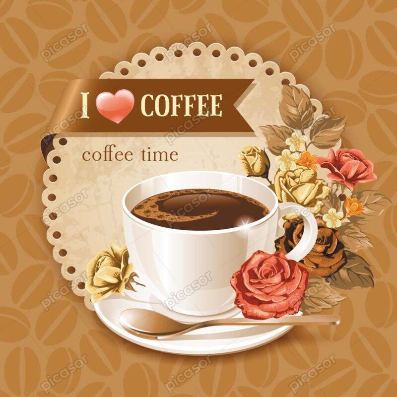 وکتور فنجان قهوه و گلهای زینتی