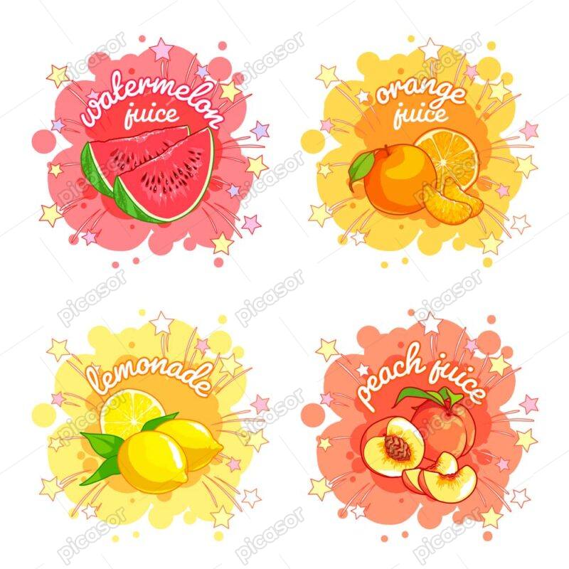 4 وکتور لیبل هلو پرتقال هندوانه لیمو - وکتور لیبل میوه