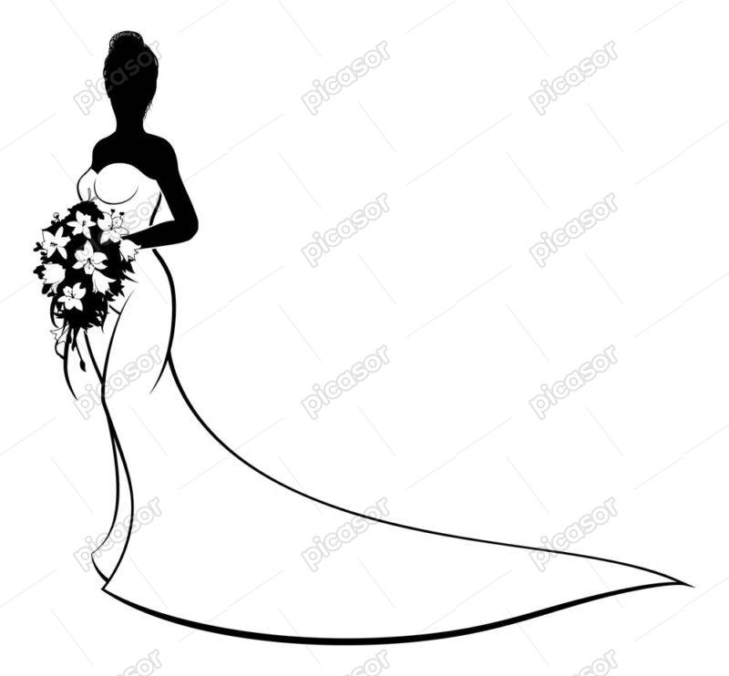 وکتور عروس و دسته گل با لباس بلند ساده