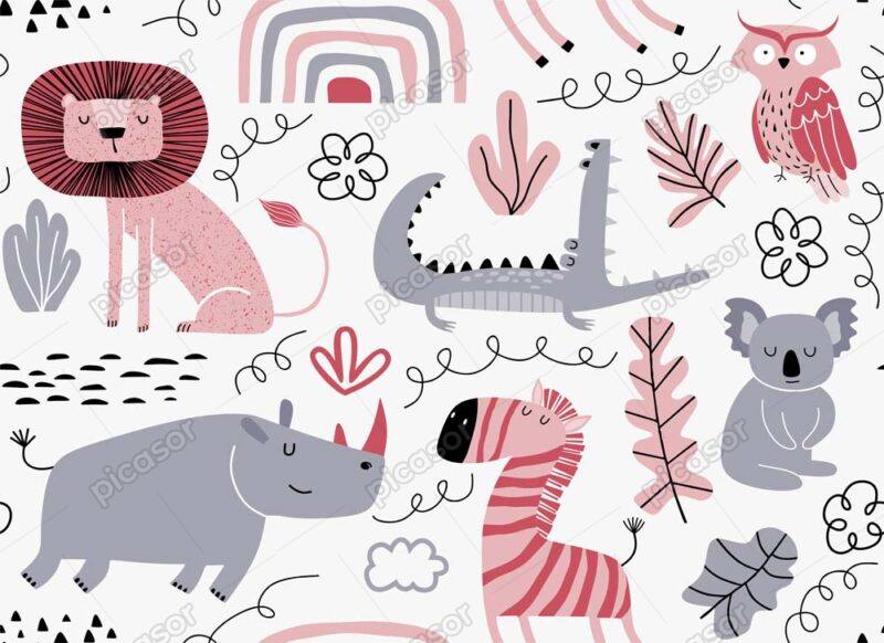 وکتور پترن حیوانات جنگل طرح نقاشی کودکانه - وکتور پترن حیوانات کارتونی جغد تمساح کرگدن شیر و کوالا