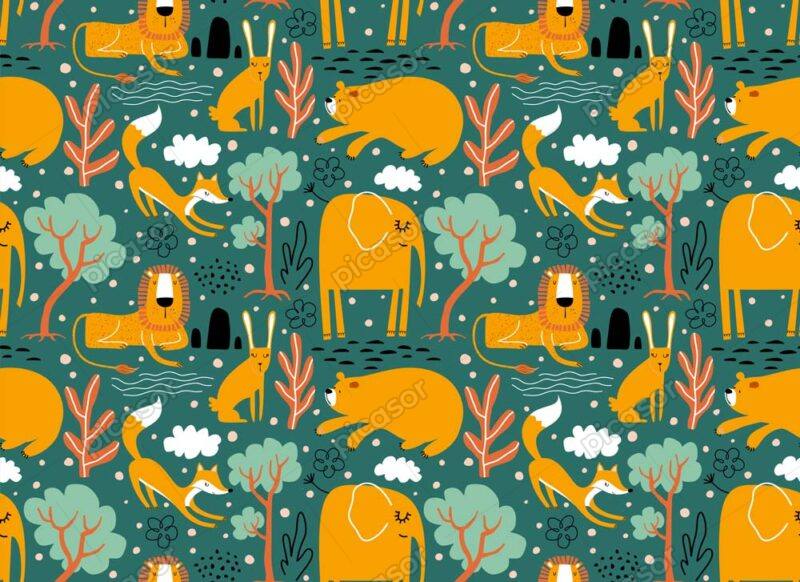 وکتور پترن نقاشی حیوانات جنگل طرح کودکانه - وکتور پترن حیوانات کارتونی شیر فیل روباه خرس و خرگوش