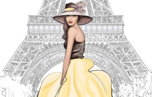 وکتور زن جوان کنار برج ایفل با دامن زرد بلند و کلاه