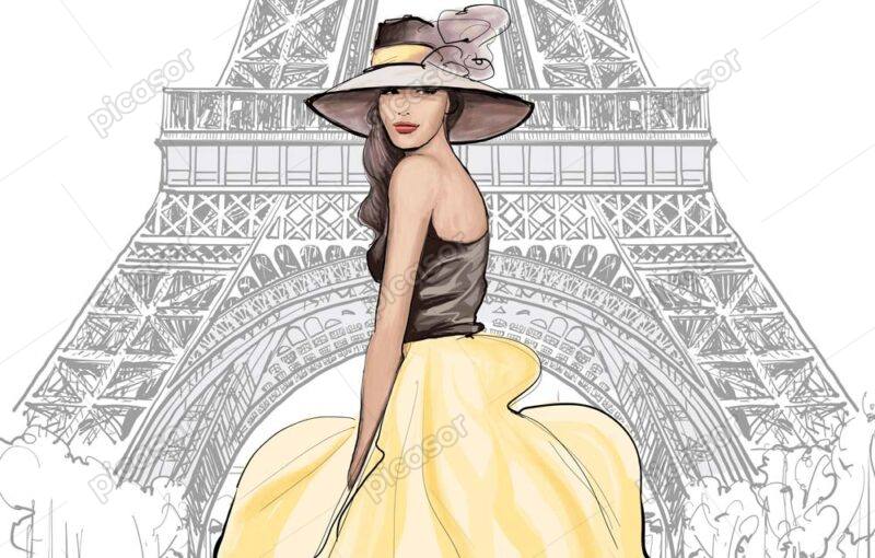وکتور زن جوان کنار برج ایفل با دامن زرد بلند و کلاه