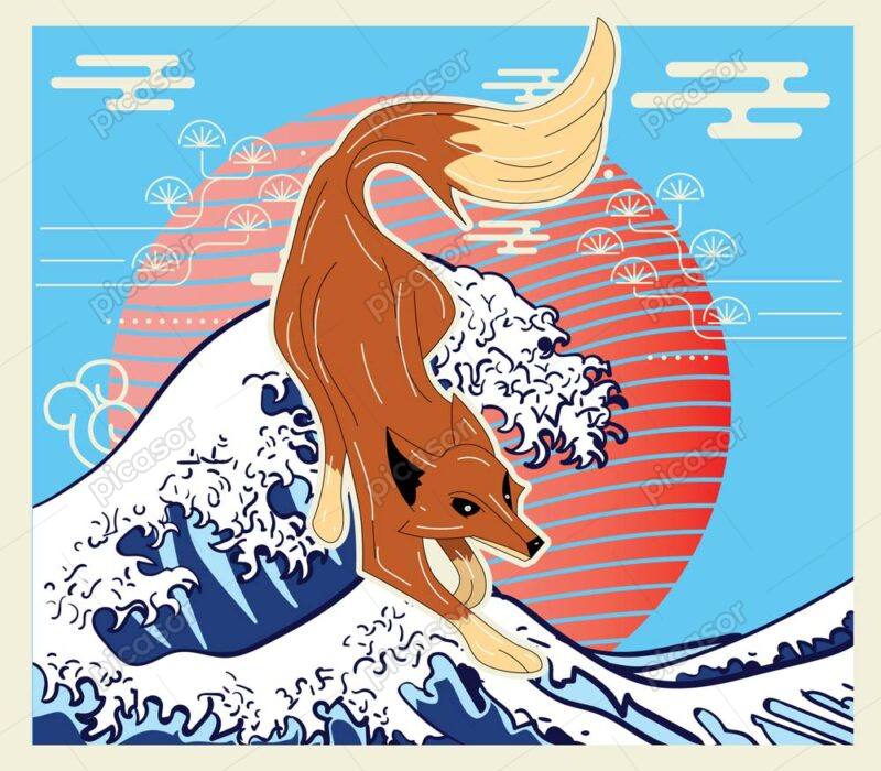 وکتور تابلو نقاشی روباه در دریا سبک ژاپنی
