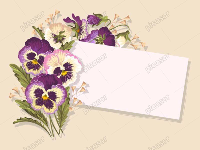 وکتور گل بنفشه و کارت سفید کنار گلهای بنفشه
