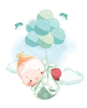 وکتور نقاشی نوزاد و بادکنک در آسمان