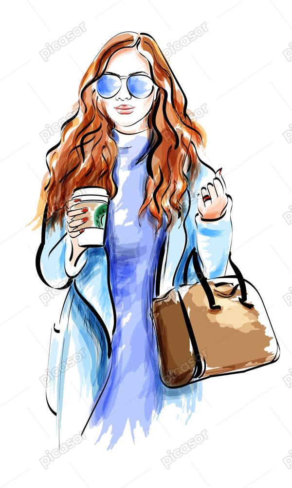 وکتور زن جوان با کیف و لیوان در دست