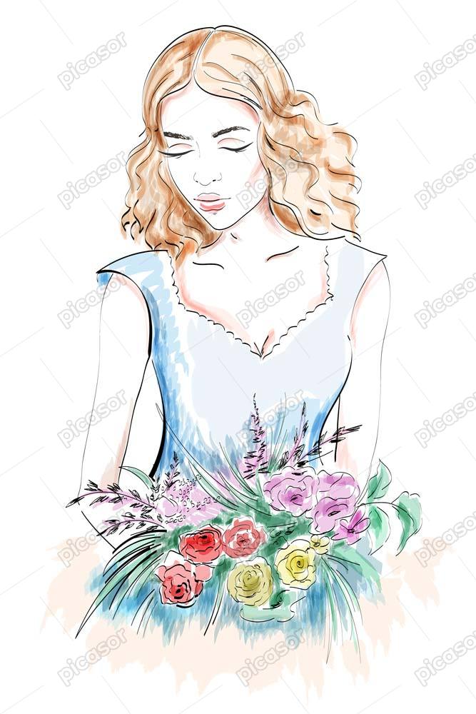 وکتور نقاشی دختر جوان زیبا با دسته گل