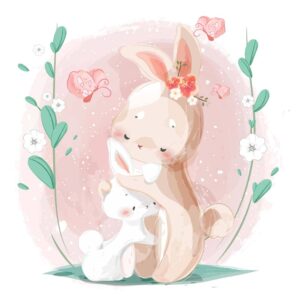وکتور نقاشی بچه خرگوش در آغوش مادر