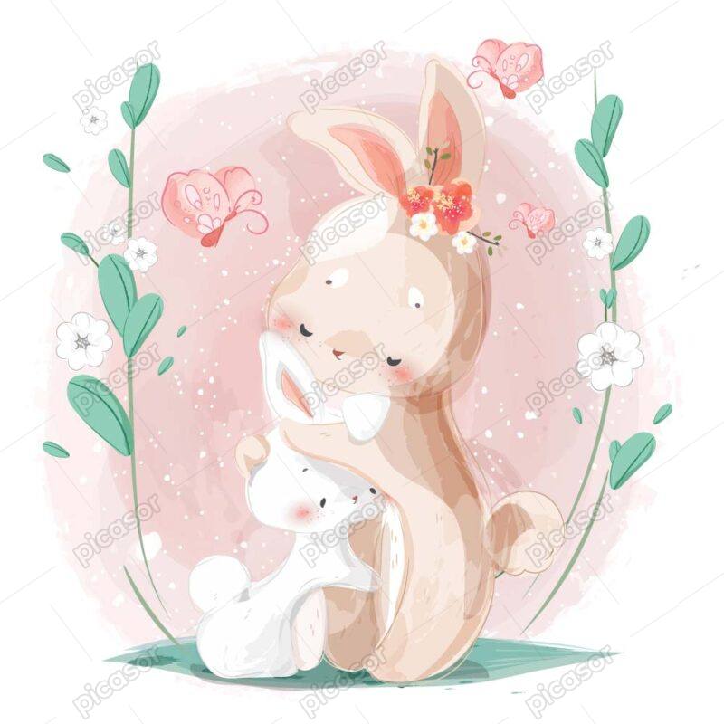 وکتور نقاشی بچه خرگوش در آغوش مادر