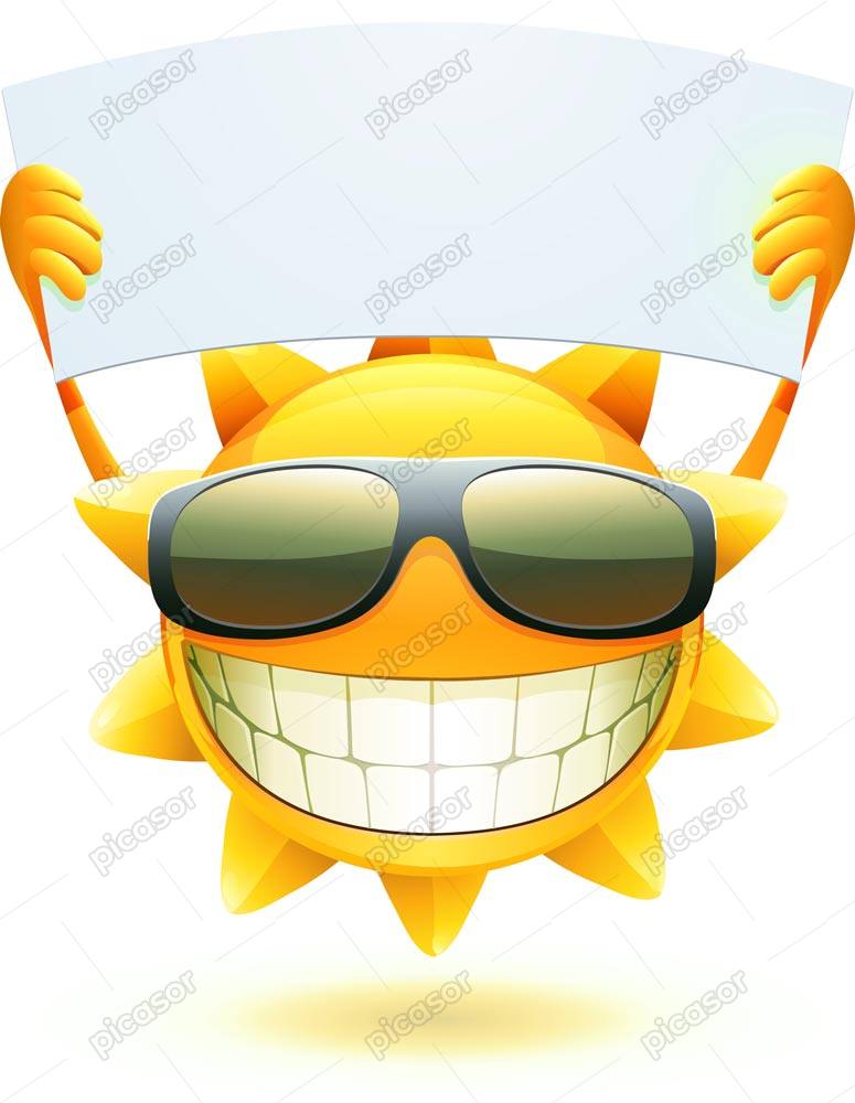 وکتور خورشید کارتونی با عینک آفتابی و بنر در دست