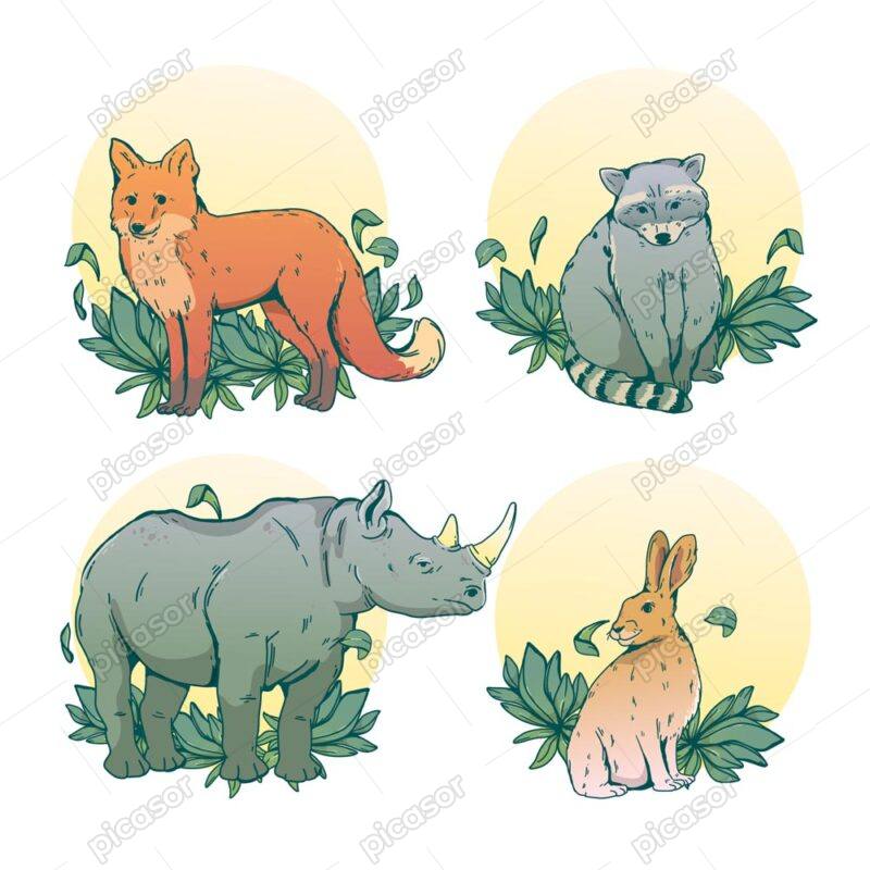 4 وکتور نقاشی کرگدن خرگوش روباه - مجموعه وکتور نقاشی حیوانات