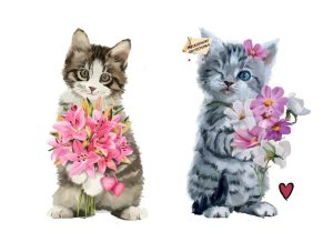2 وکتور نقاشی گربه با دسته گل آبرنگی طراحی بسیار با کیفیت