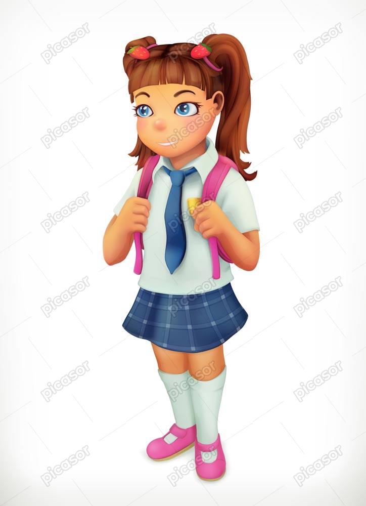 وکتور دانش آموز دختر با کیف مدرسه - وکتور شخصیت کارتونی دانش آموز دختر