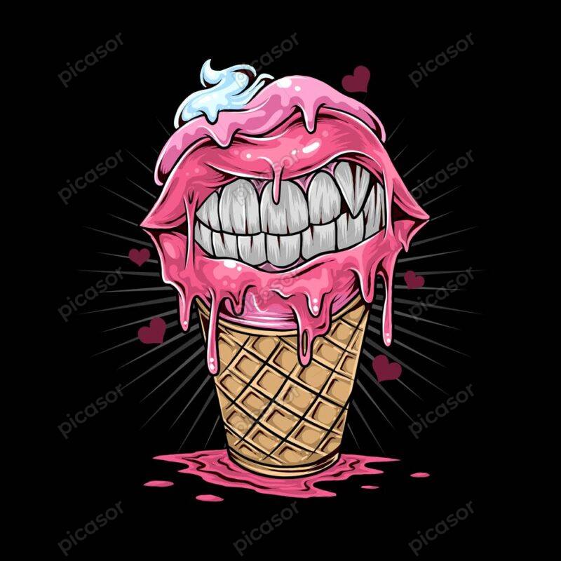 وکتور بستنی قیفی با لب و دندان - وکتور تصویرسازی بستنی قیفی کارتونی مناسب چاپ تیشرت