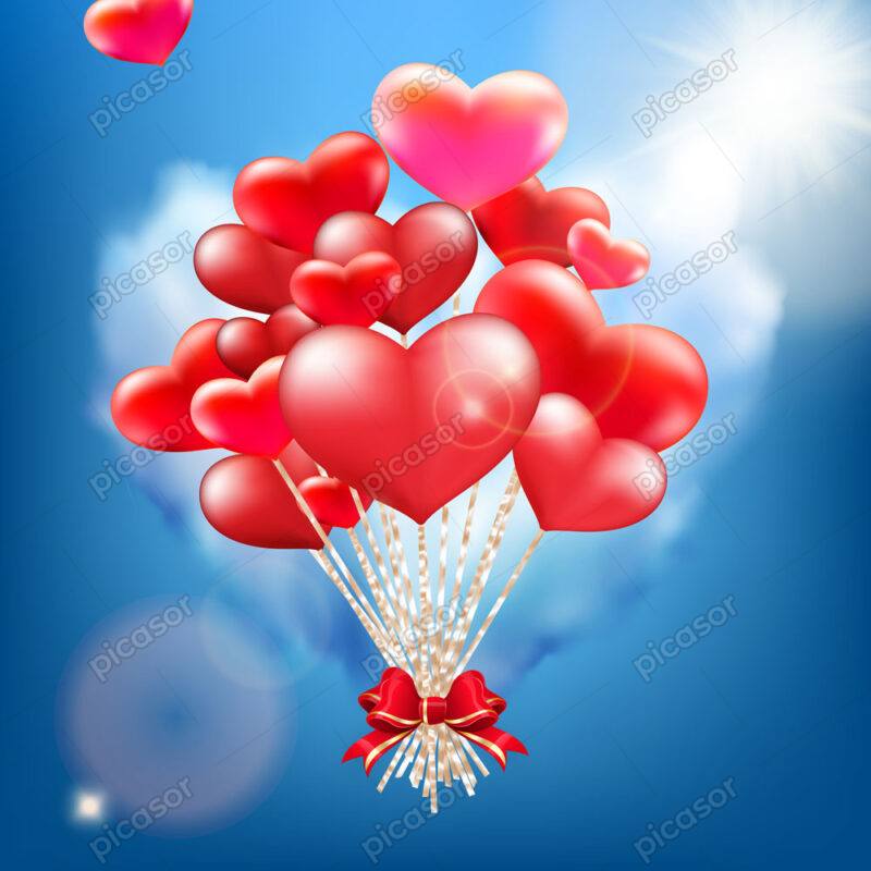 وکتور بادکنهای قرمز قلبی در آسمان آبی با قلب ابری - وکتور پس زمینه ولنتاین