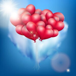 وکتور بادکنهای قرمز قلبی در آسمان آبی با قلب ابری - وکتور پس زمینه ولنتاین