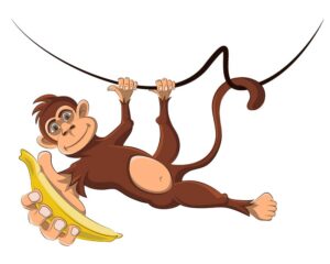 وکتور میمون آویزان با موز طرح کارتونی