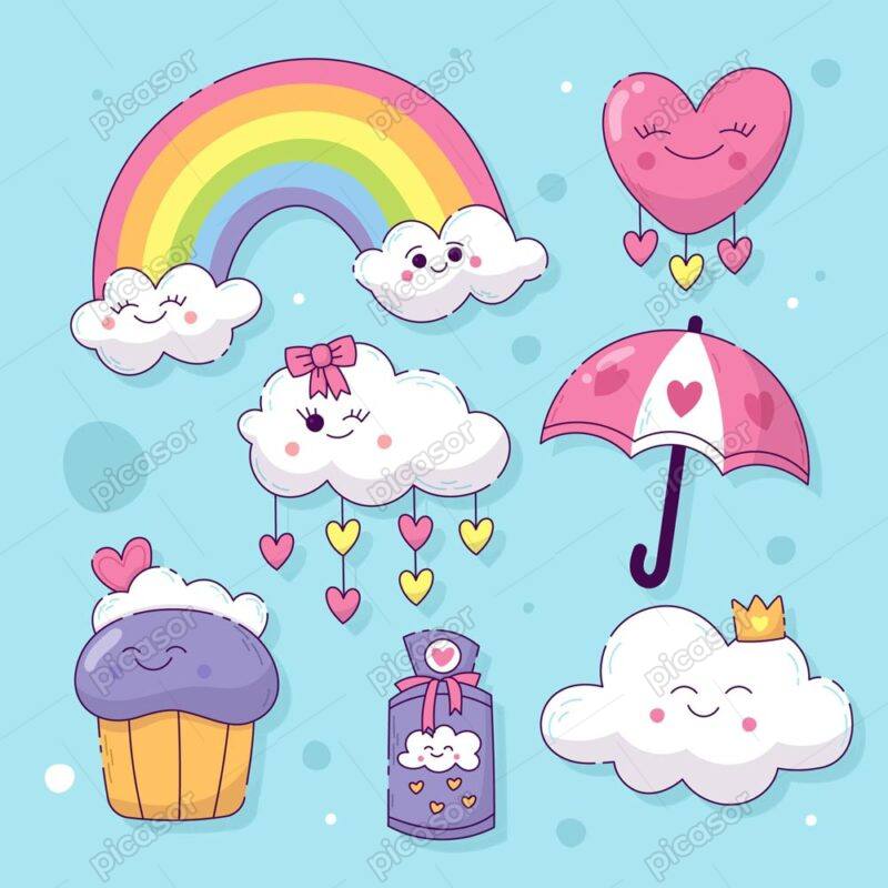 7 وکتور ابر و رنگین کمان چتر و قلب طرح نقاشی کودکانه