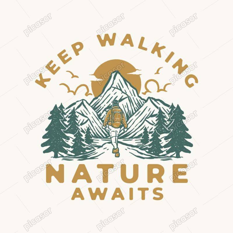 وکتور لوگو پیاده روی در جنگل و کوه - وکتور مرد جوان در حال پیاده روی در طبیعت