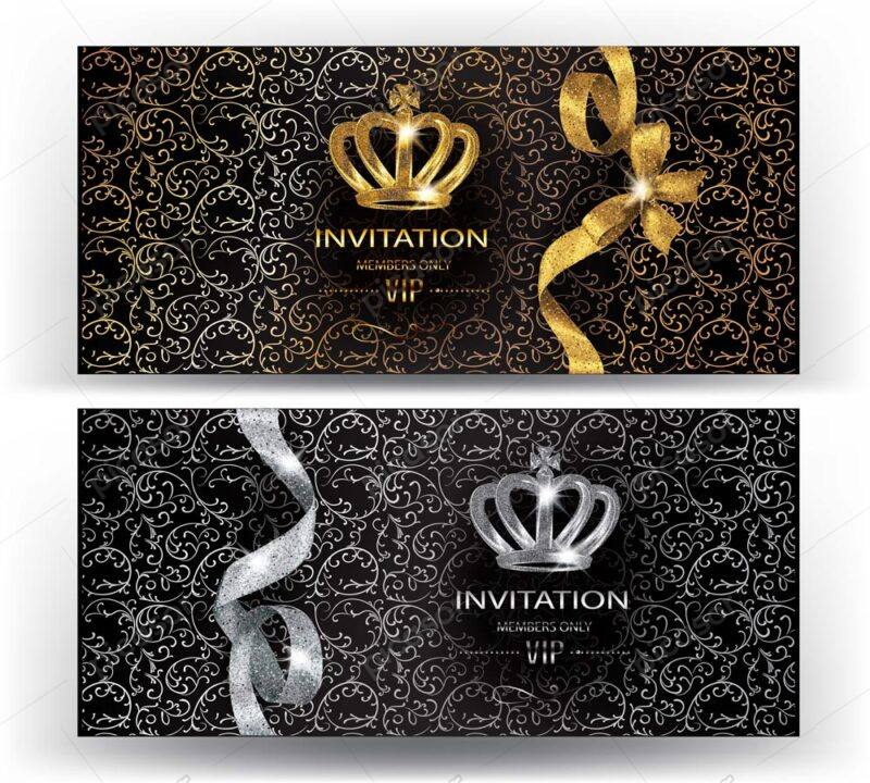 2 وکتور کارت VIP با زمینه اسلیمی تاج روبان اکلیلی طلایی و نقره ای درخشان