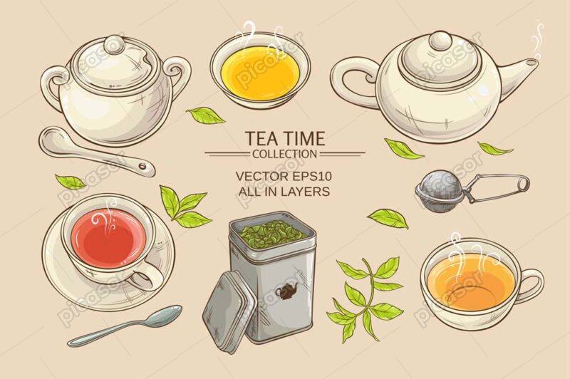7 وکتور فنجان و قوری چای و قندان و سایر لوازم تهیه چای