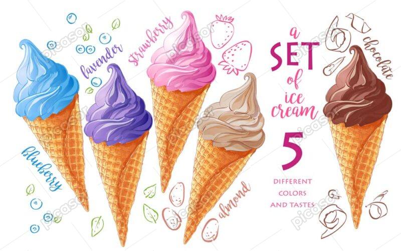 وکتور پوستر بستنی قیفی رنگی - وکتور پس زمینه بستنی قیفی در 5 طعم
