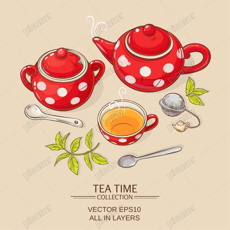 5 وکتور فنجان چای قوری چای قاشق و برگ چای
