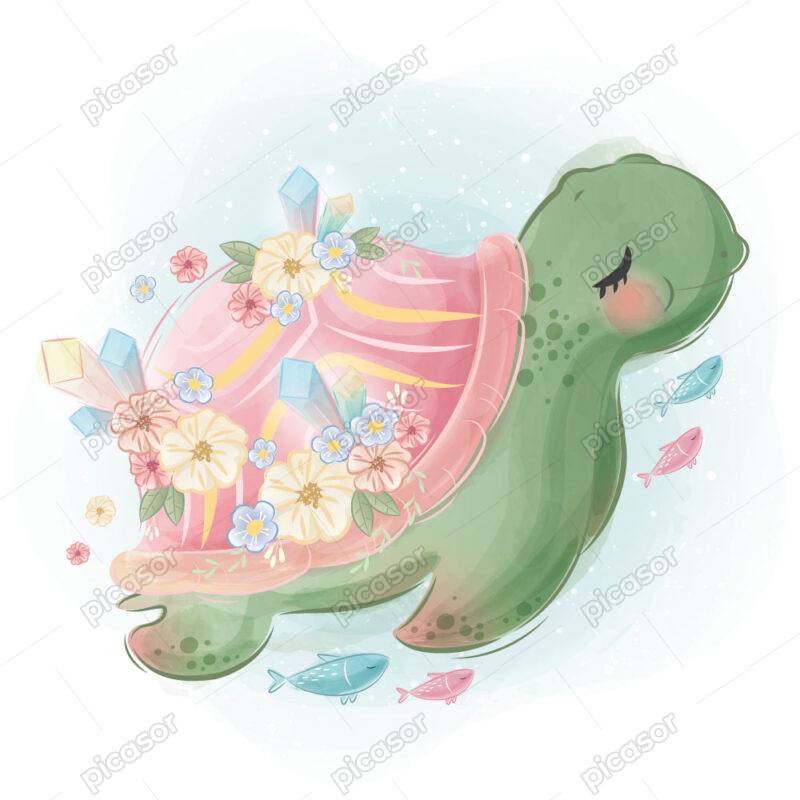 وکتور لاکپشت دریایی با گل و کریستال روی لاک طرح نقاشی آبرنگ - وکتور تصویرسازی حیوانات