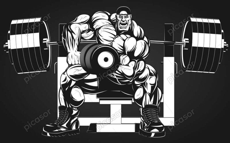 وکتور ورزشکار در حال جلو بازو زدن - وکتور وزنه بردار مرد آهنین بدنساز با هالتر و دمبل